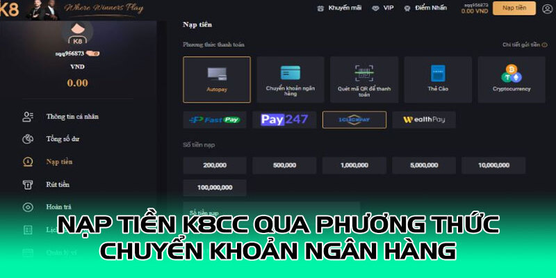 Nạp tiền K8cc bằng chuyển khoản ngân hàng